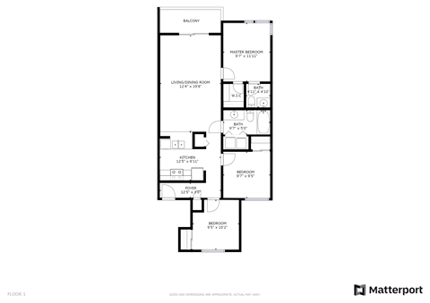Floor plan for 3 beds, 2 baths, 922 sqft